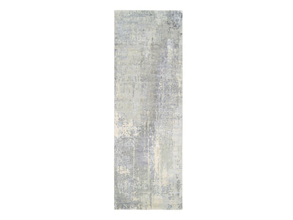 Grey 4'0" x 12'0" Modern / Contemporary Hand knotted Wool/Silk Rug - Sku: O063061