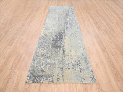 Grey 4'0" x 12'0" Modern / Contemporary Hand knotted Wool/Silk Rug - Sku: O063061