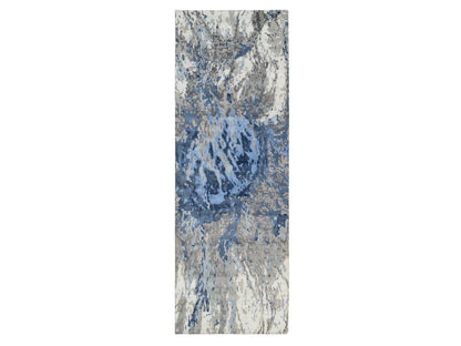 Blue 4'0" x 11'9" Modern and Contemporary Hand knotted Wool/Silk Rug - Sku: O063182