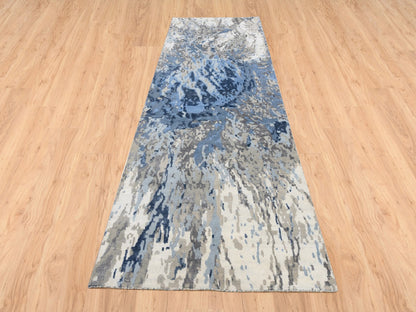 Blue 4'0" x 11'9" Modern and Contemporary Hand knotted Wool/Silk Rug - Sku: O063182