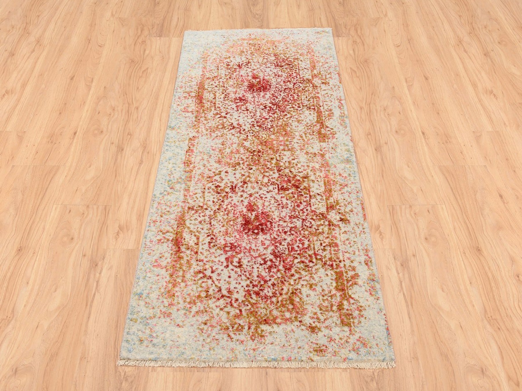 Pink 2'6" x 6'0" Modern / Contemporary Hand knotted Wool/Silk Rug - Sku: O063184