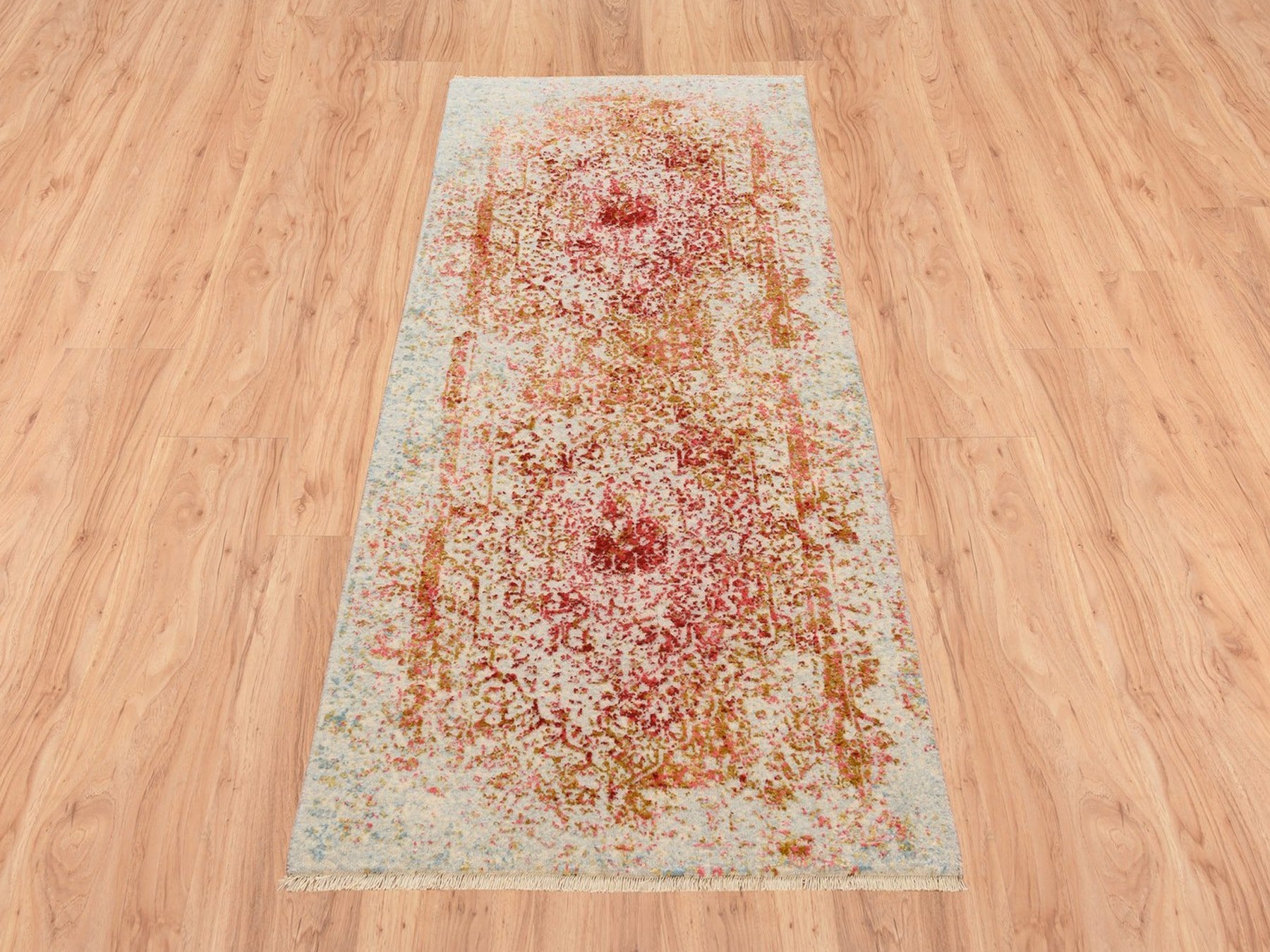 Modern / Contemporary hand-knotted wool/silk runner in Pink, 2'6" x 6' — SKU O063186 (view 2)