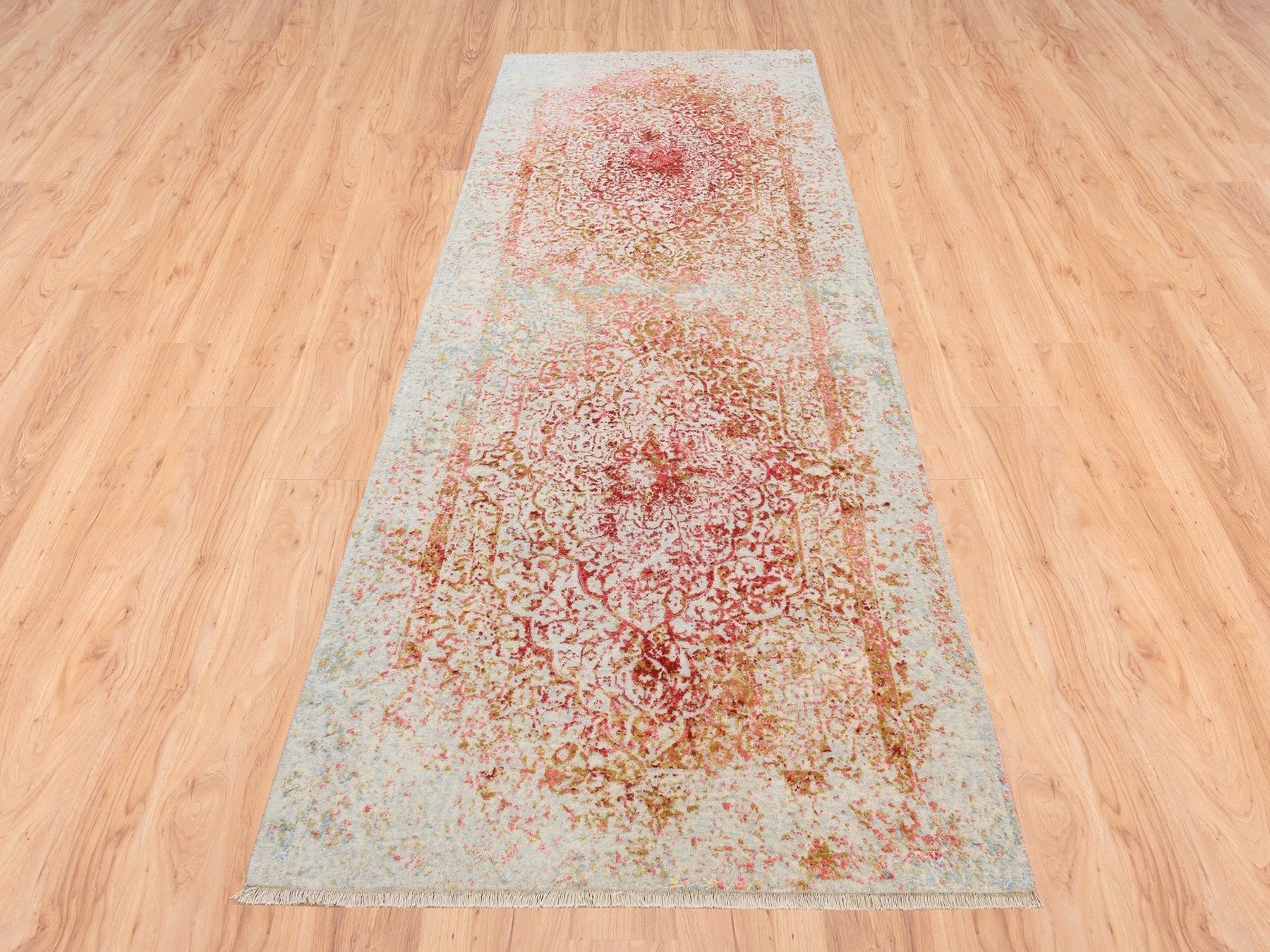 Pink 4'2" x 10'0" Modern / Contemporary Hand knotted Wool/Silk Rug - Sku: O063190