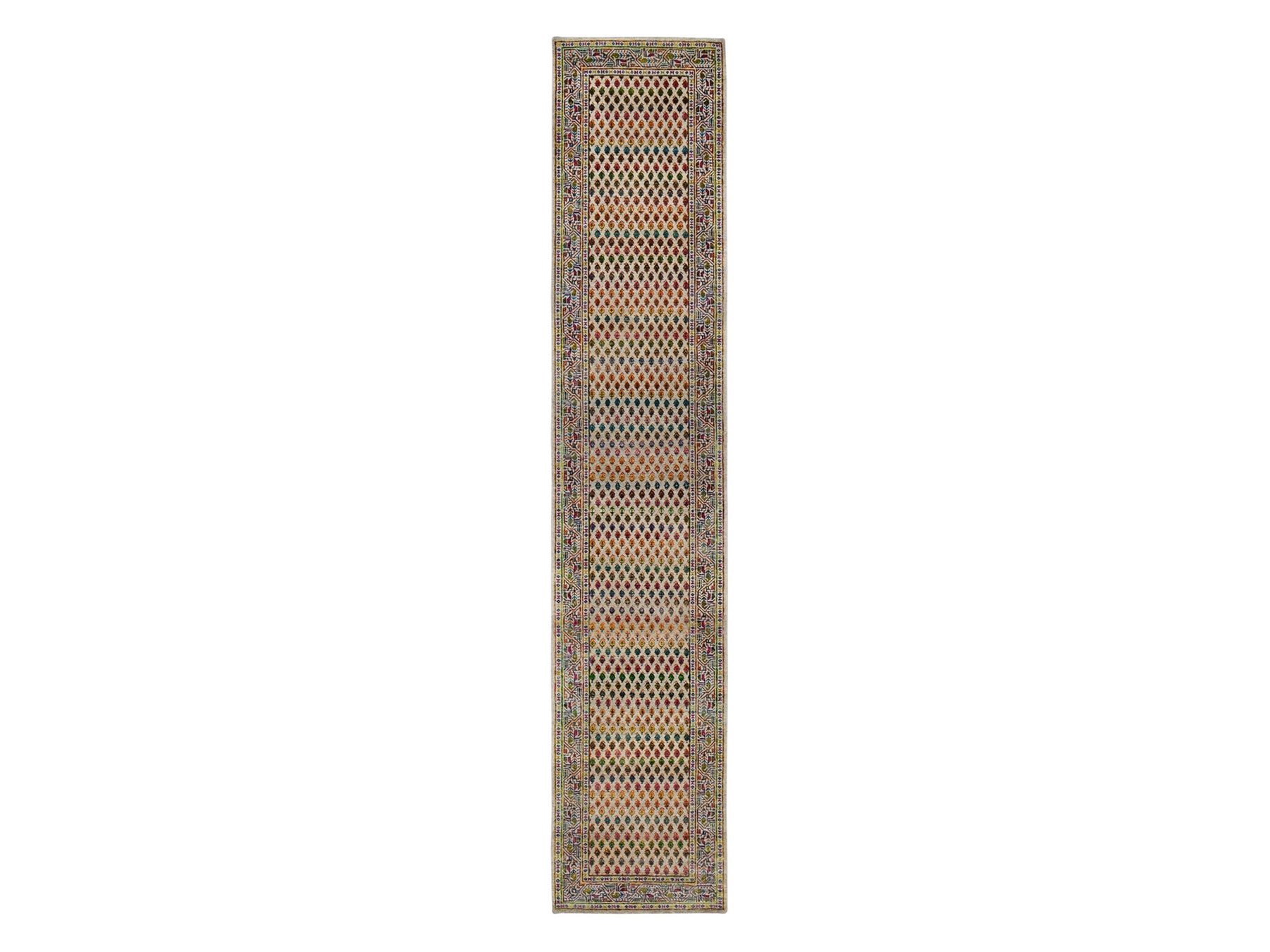 Sarouk Modern / Contemporary hand-knotted wool/sari silk runner in Beige, 2'5" x 12' — SKU O063218