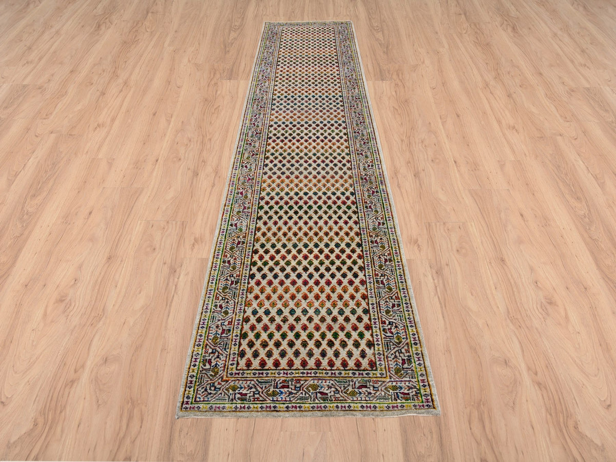 Sarouk Modern / Contemporary hand-knotted wool/sari silk runner in Beige, 2'5" x 12' — SKU O063218 (view 2)