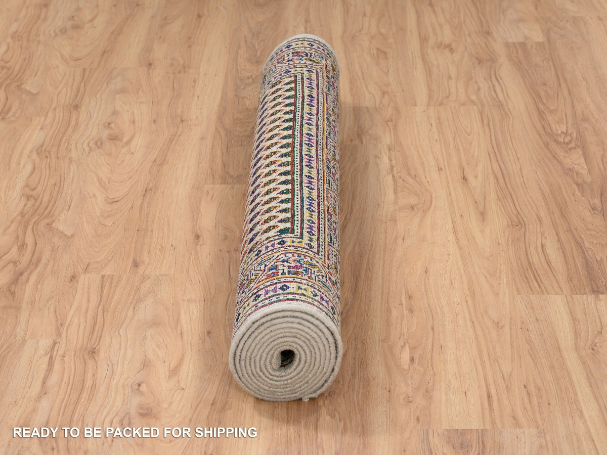 Sarouk Modern / Contemporary hand-knotted wool/sari silk runner in Beige, 4' x 10' — SKU O063225 (view 6)