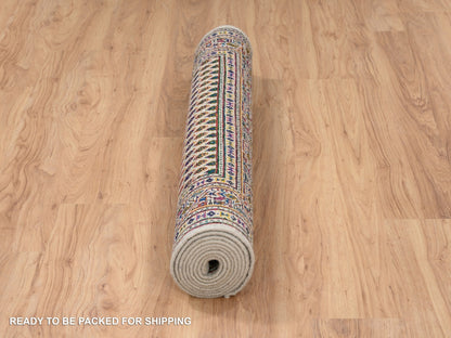 Sarouk Modern / Contemporary hand-knotted wool/sari silk runner in Beige, 4' x 10' — SKU O063225 (view 6)