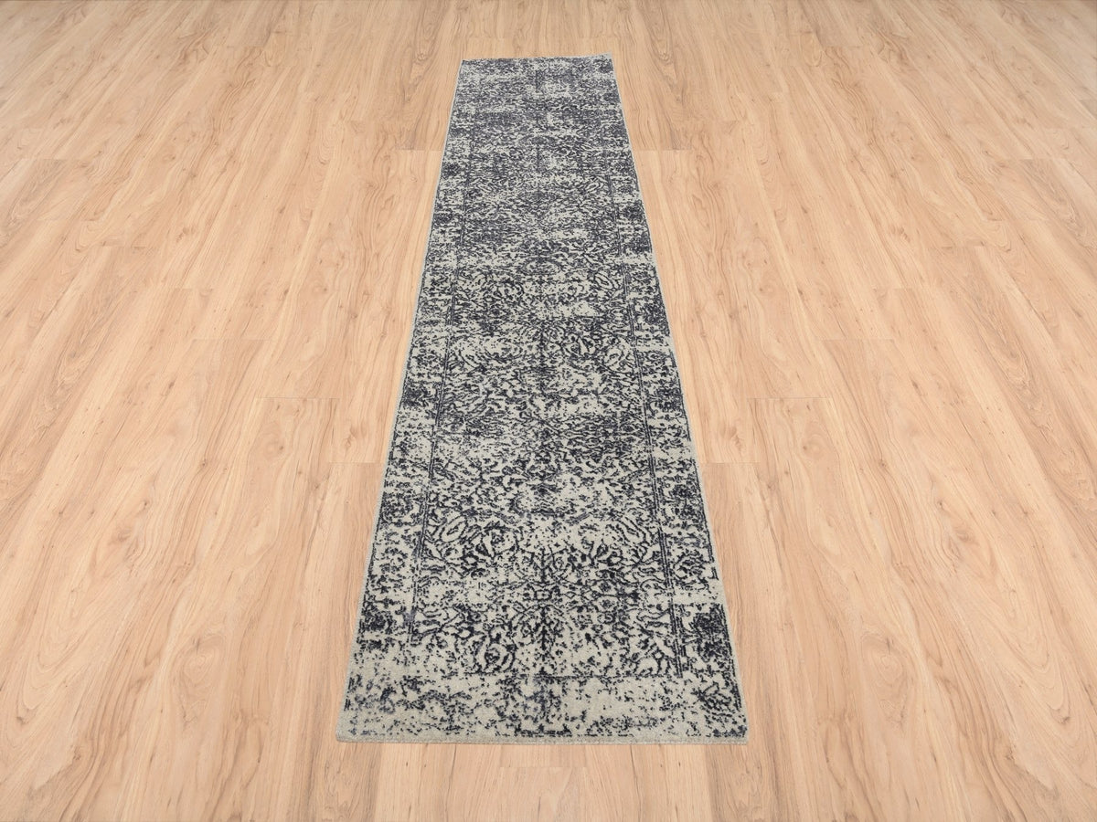 Modern / Contemporary hand-knotted wool/art silk runner in Gray, 2'7" x 12'2" — SKU O063277 (view 2)