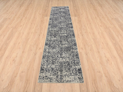 Grey 2'7" x 12'2" Modern / Contemporary Handloom Wool/Silk Rug - Sku: O063277