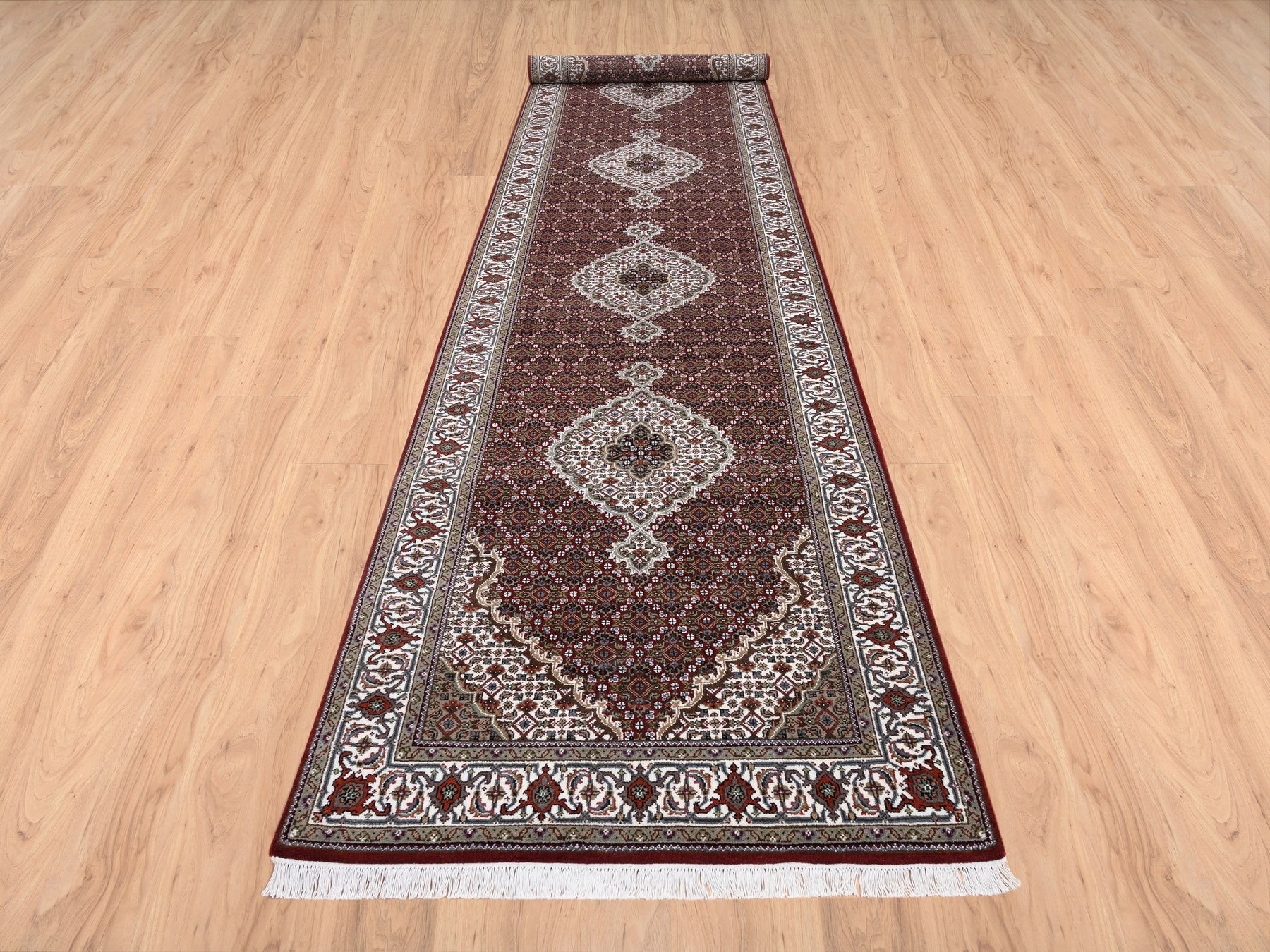 Tabriz Fine Oriental hand-knotted wool runner in Red & Ivory, 4'1" x 16' — SKU O063290 (view 2)