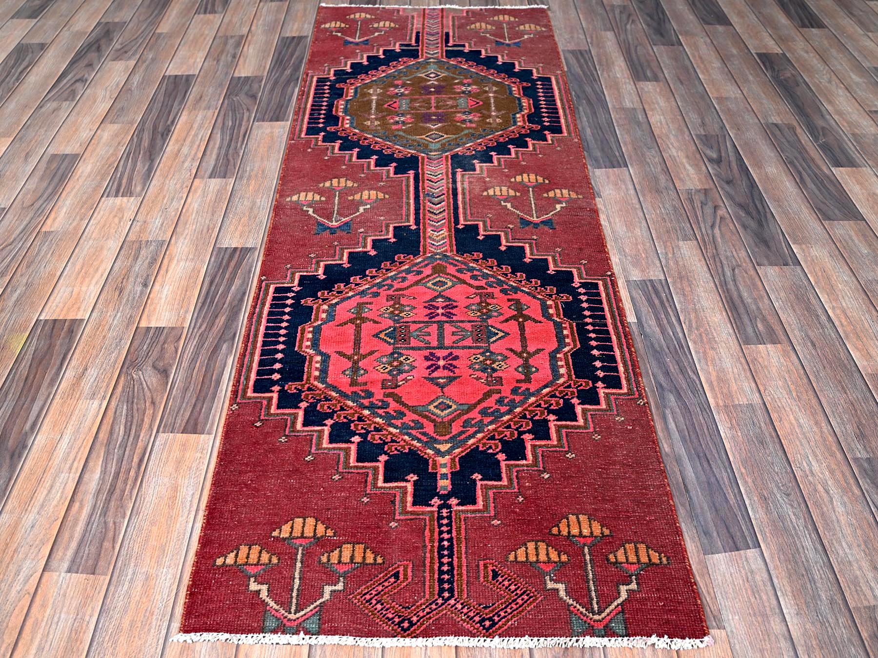 Vintage hand-knotted wool runner in Red, 2'4" x 6'5" — SKU O0632 (view 2)