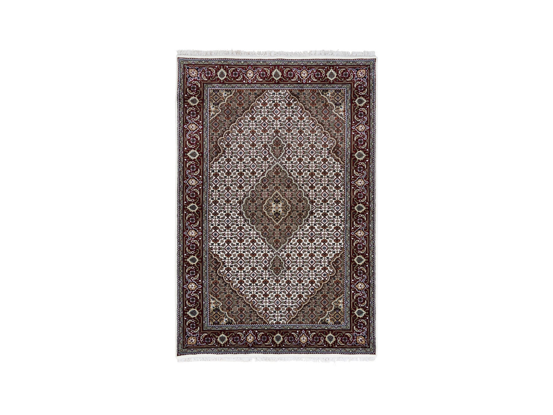 Tabriz Fine Oriental hand-knotted wool/silk rug in Ivory & Red, 4'1" x 6'2" — SKU O063344