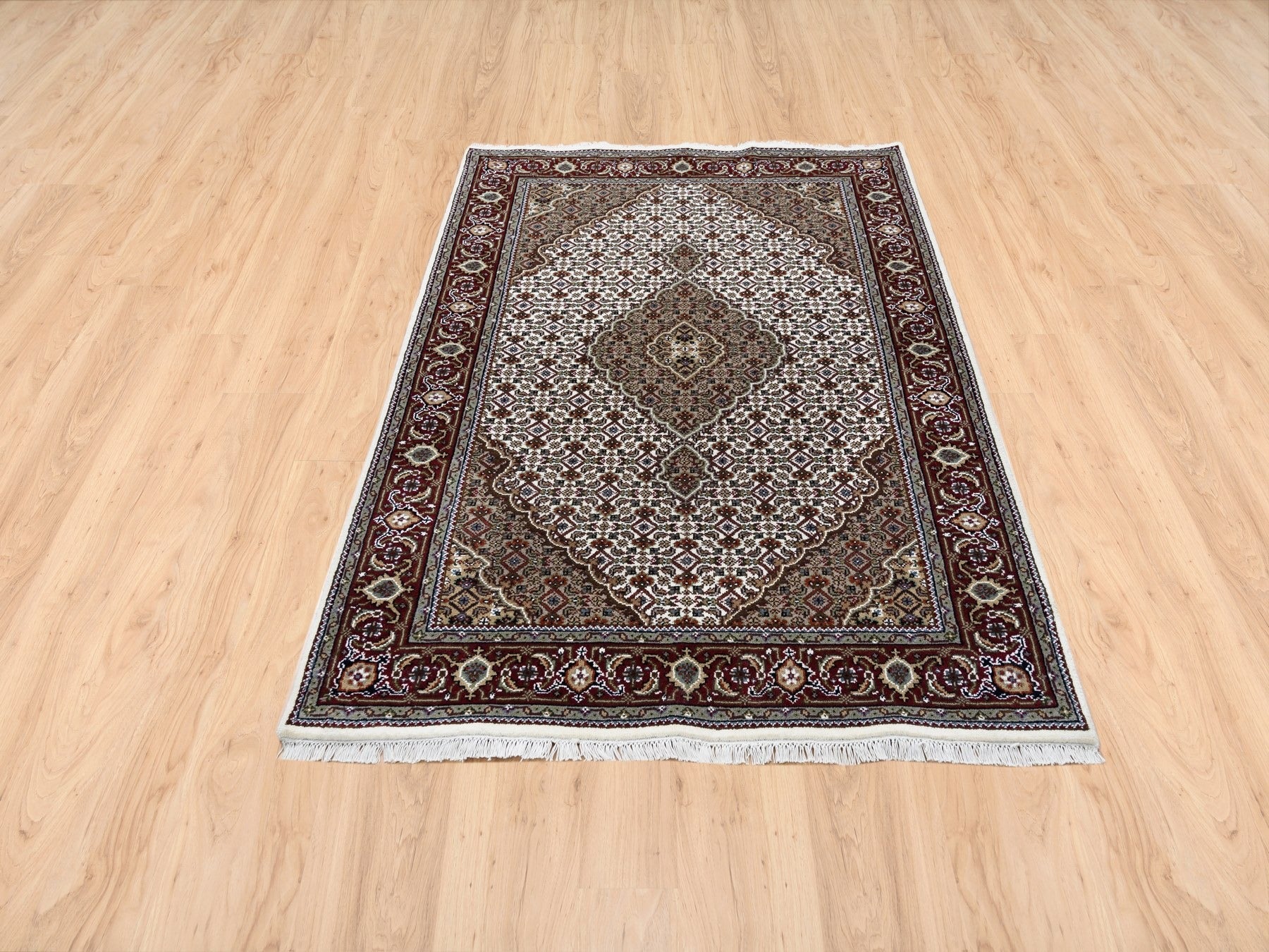 Tabriz Fine Oriental hand-knotted wool/silk rug in Ivory & Red, 4'1" x 6'2" — SKU O063344 (view 2)