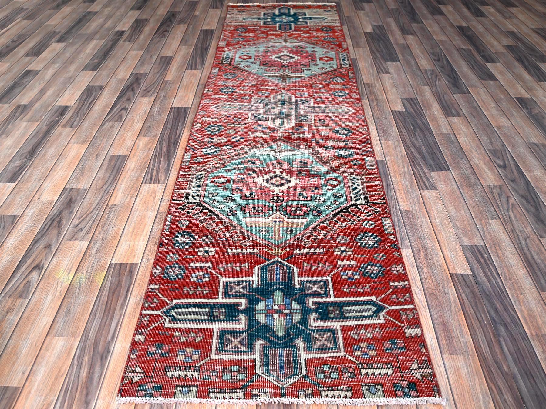 Red 2'7" x 9'3" Vintage Hand knotted Wool Rug - Sku: O0633