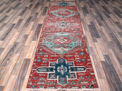 Red 2'7" x 9'3" Vintage Hand knotted Wool Rug - Sku: O0633