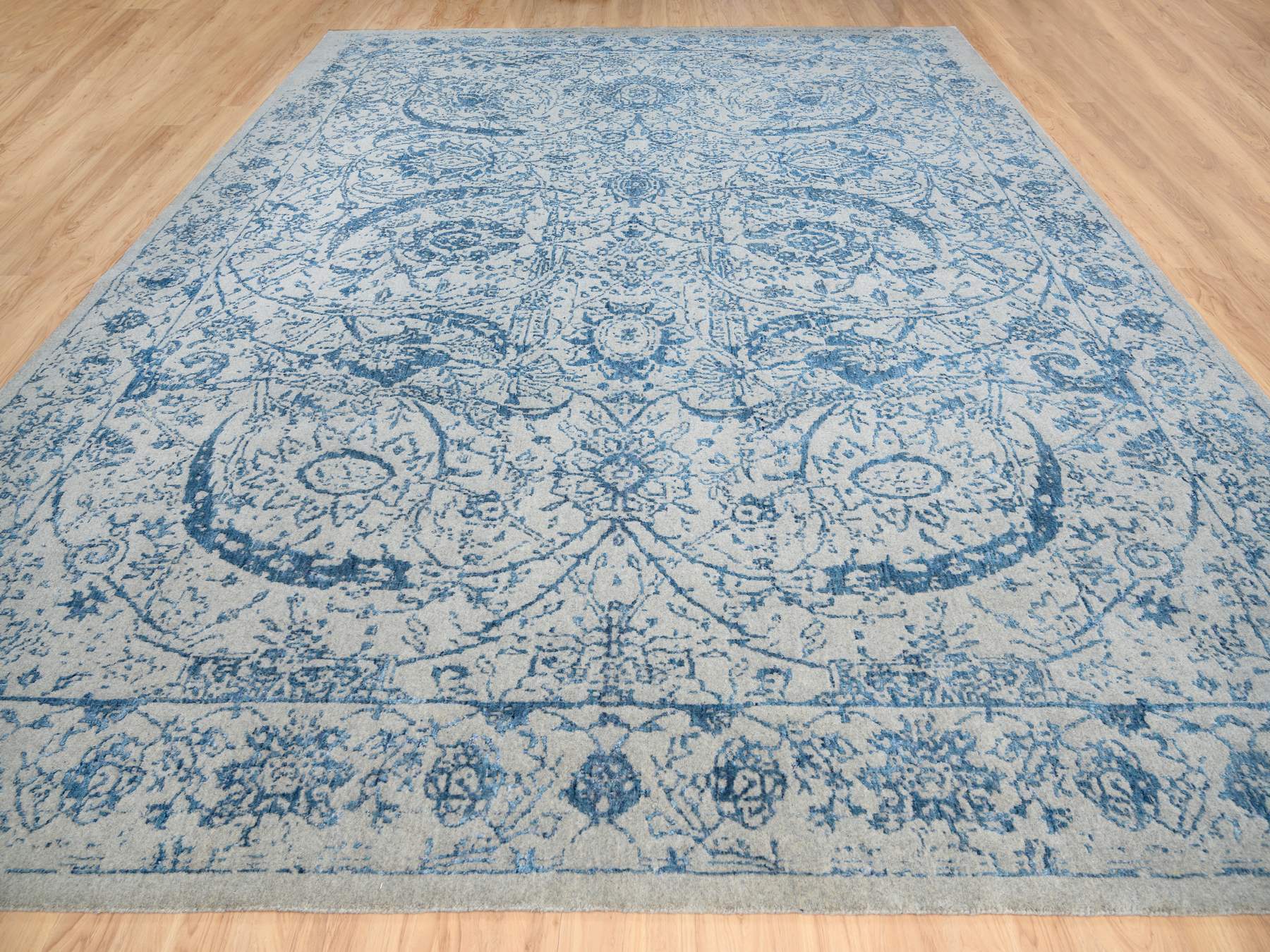 Transitional hand-knotted wool/silk rug in Blue, 11'10" x 15' — SKU O063480 (view 2)