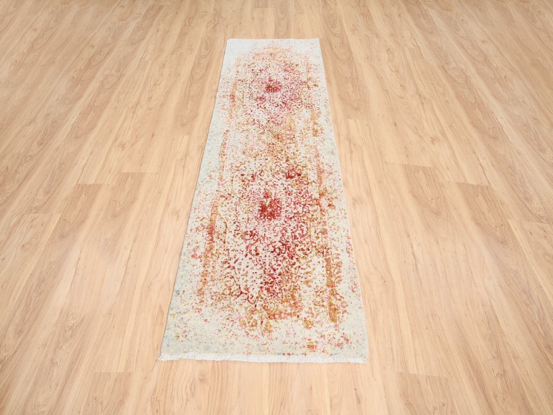 Modern / Contemporary hand-knotted wool/silk runner in Pink, 2'4" x 8' — SKU O063482 (view 2)