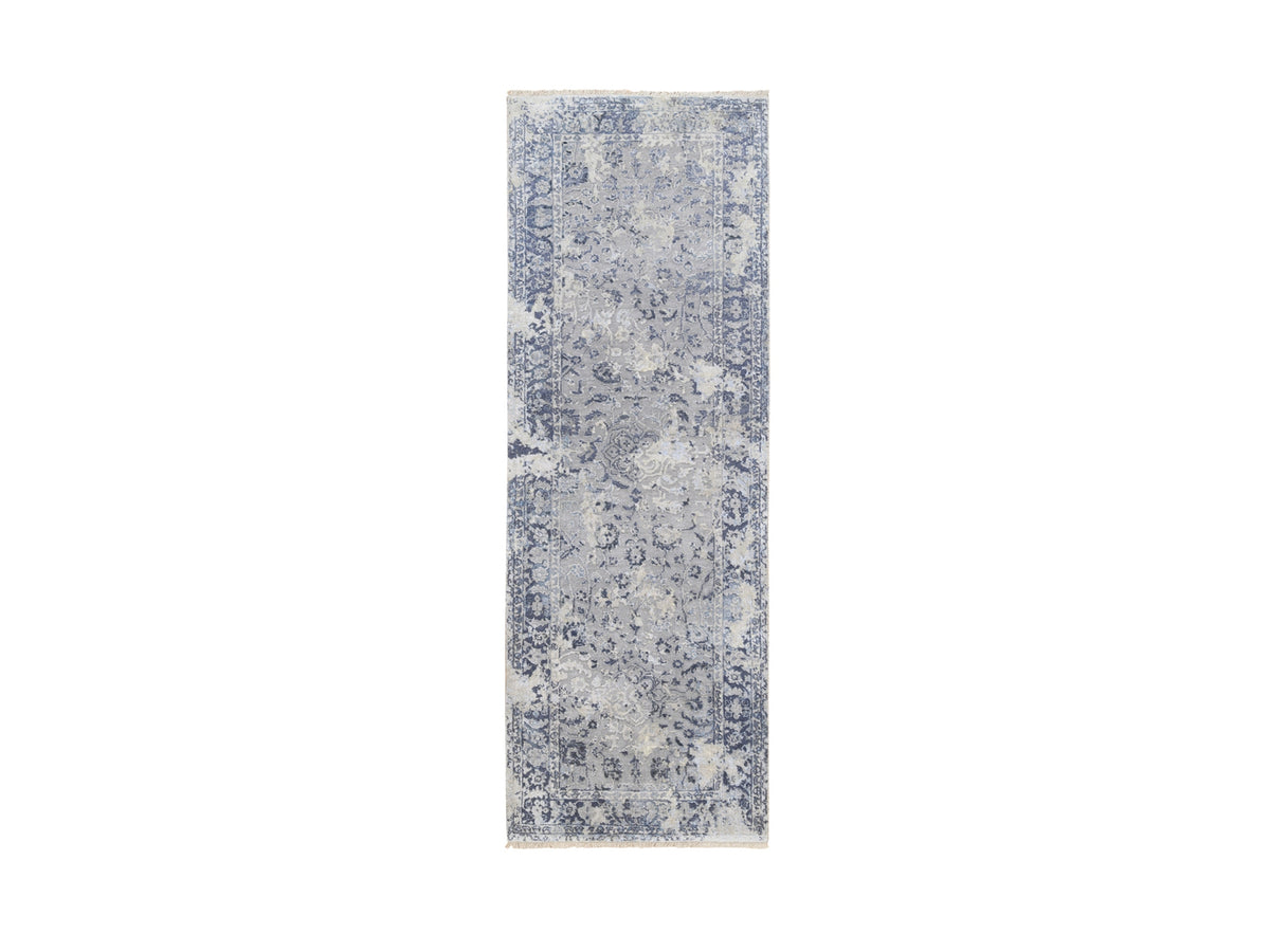 Kashan Transitional hand-knotted wool/silk runner in Gray & Blue, 2'8" x 7'8" — SKU O063496
