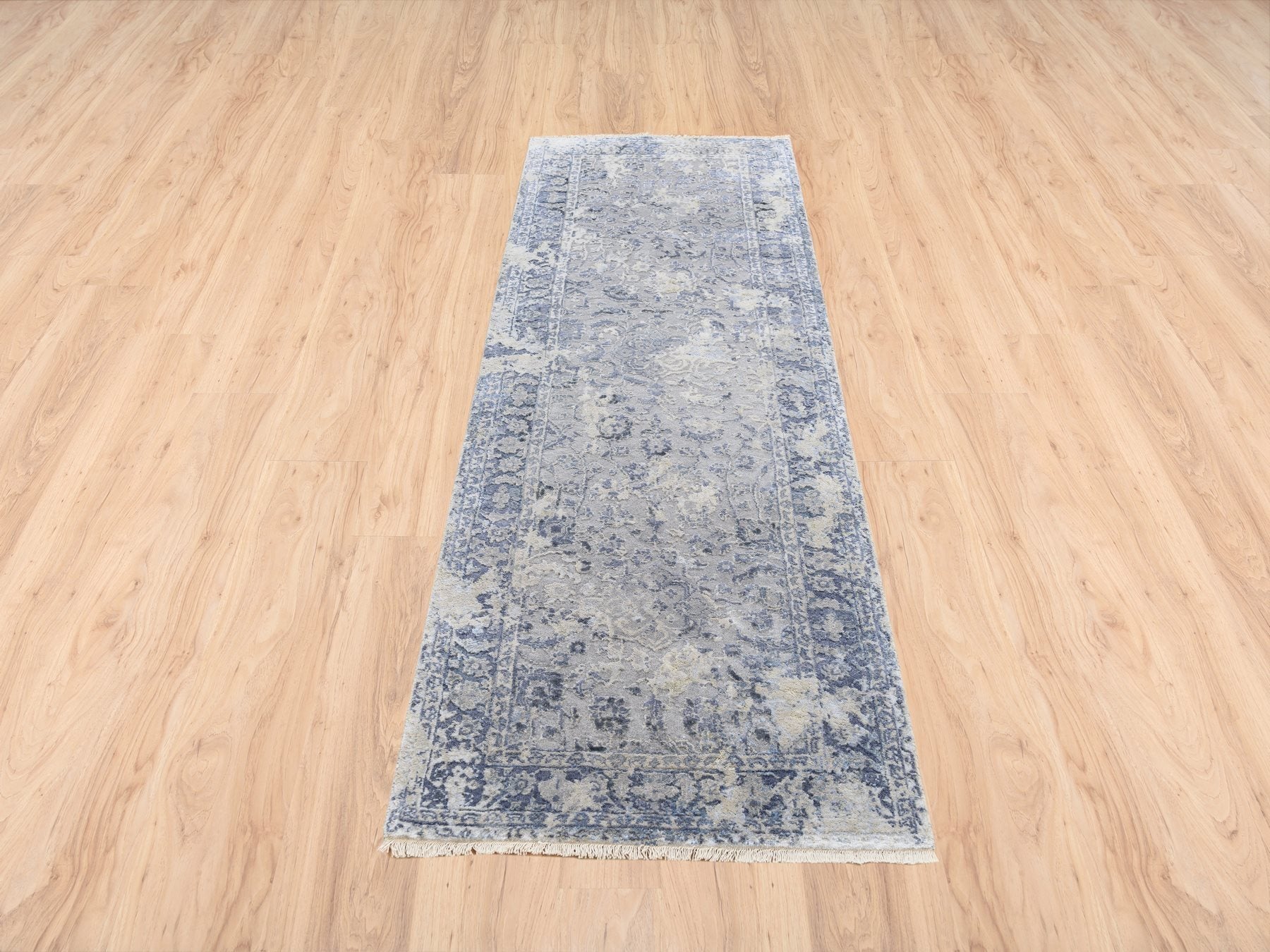 Kashan Transitional hand-knotted wool/silk runner in Gray & Blue, 2'8" x 7'8" — SKU O063496 (view 2)