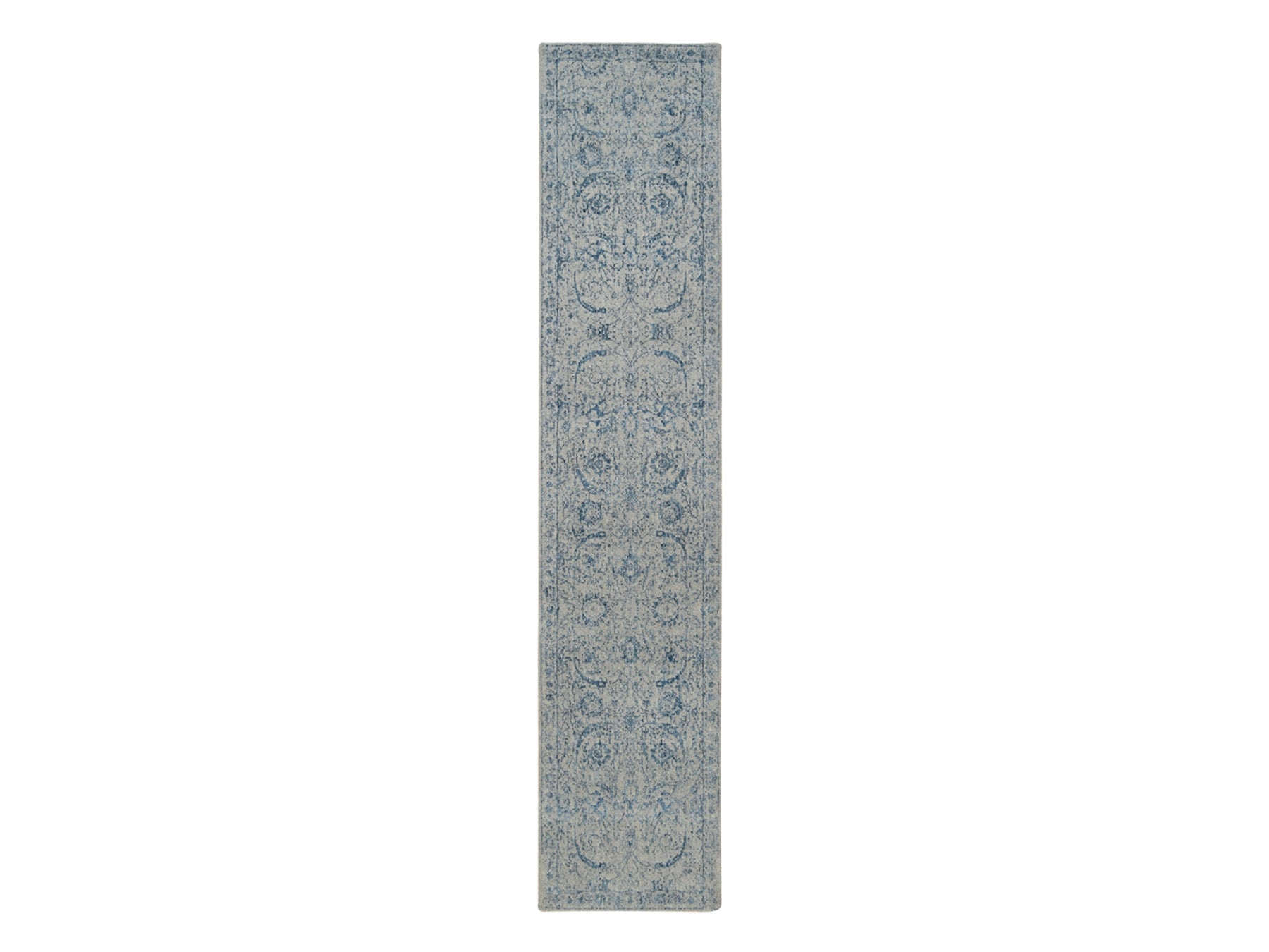 Transitional hand-knotted wool/silk runner in Blue, 2'6" x 12' — SKU O063509