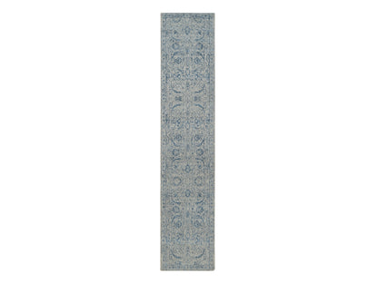 Transitional hand-knotted wool/silk runner in Blue, 2'6" x 12' — SKU O063509