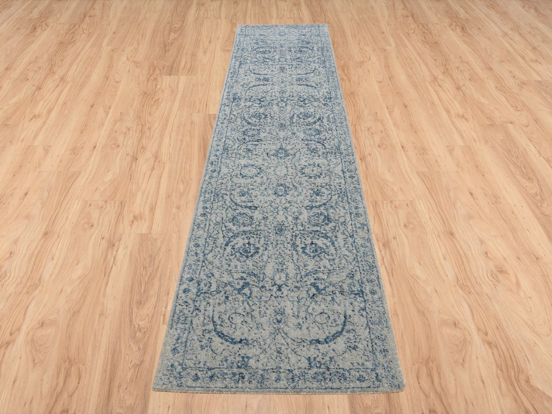 Transitional hand-knotted wool/silk runner in Blue, 2'6" x 12' — SKU O063509 (view 2)