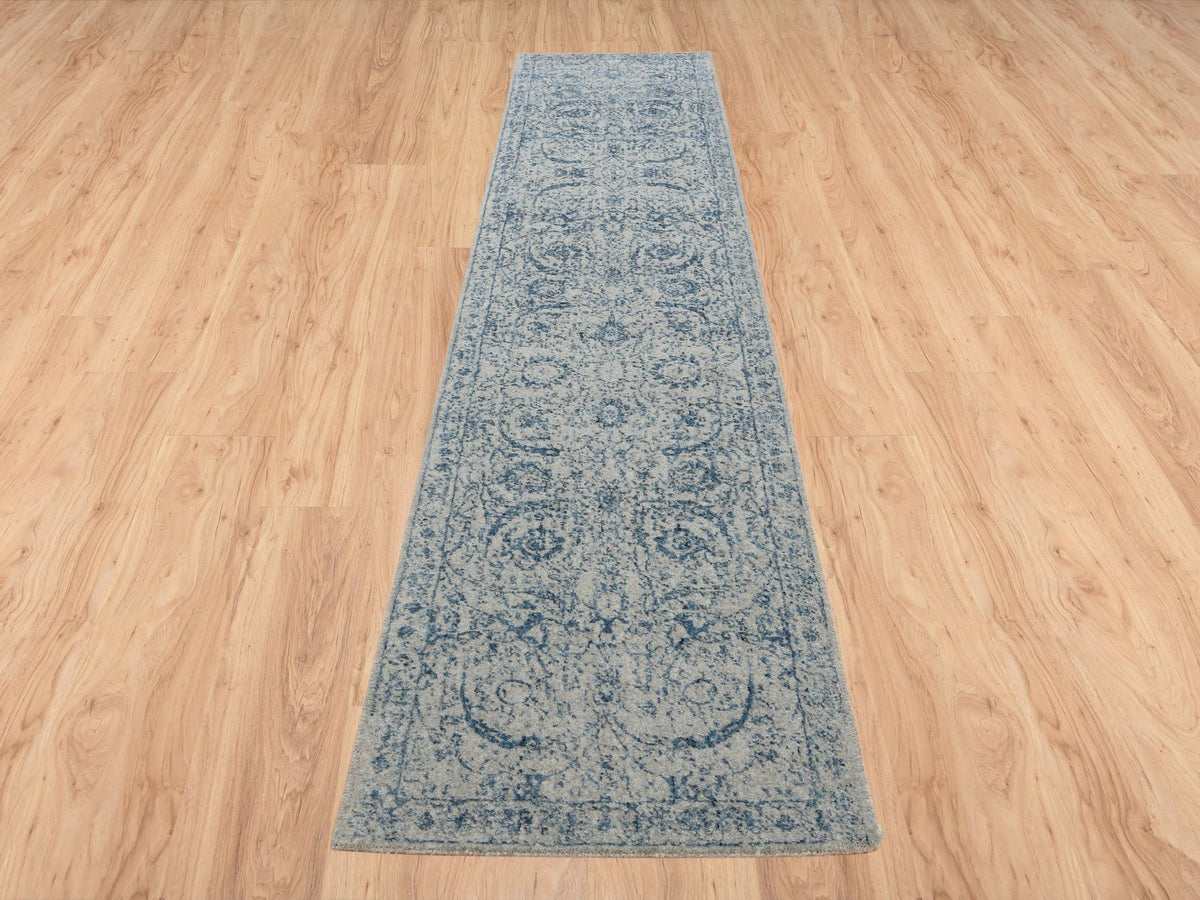 Transitional hand-knotted wool/silk runner in Blue, 2'6" x 12' — SKU O063509 (view 2)