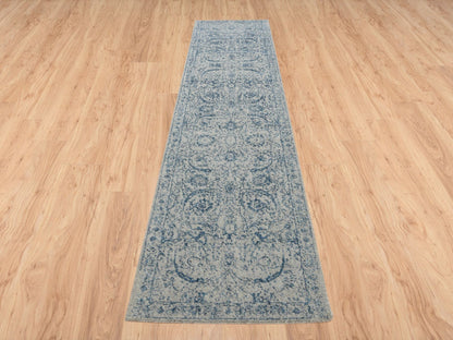 Transitional hand-knotted wool/silk runner in Blue, 2'6" x 12' — SKU O063509 (view 2)