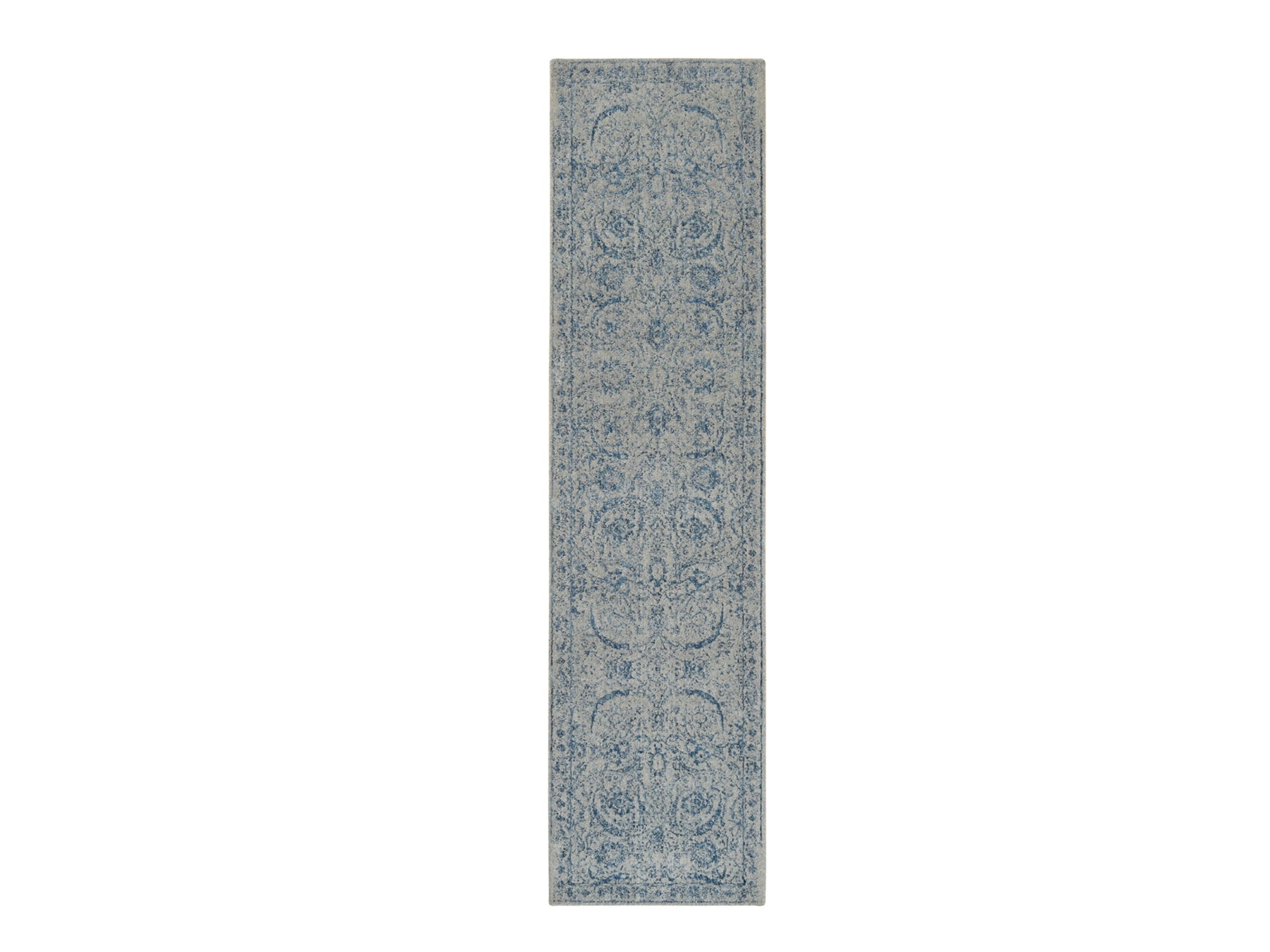 Transitional hand-knotted wool/silk runner in Blue, 2'6" x 10' — SKU O063511