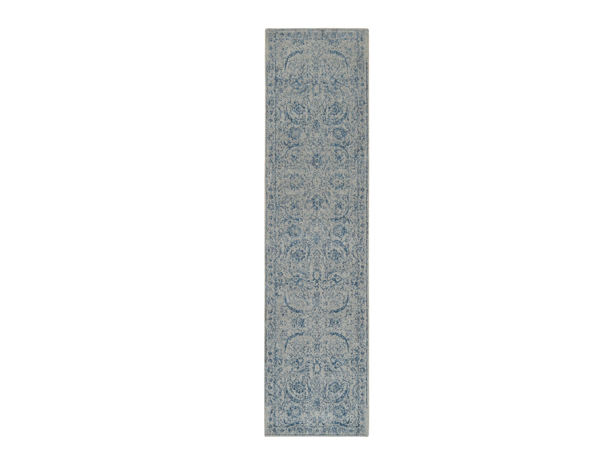 Transitional hand-knotted wool/silk runner in Blue, 2'6" x 10' — SKU O063511