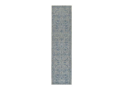 Transitional hand-knotted wool/silk runner in Blue, 2'6" x 10' — SKU O063511
