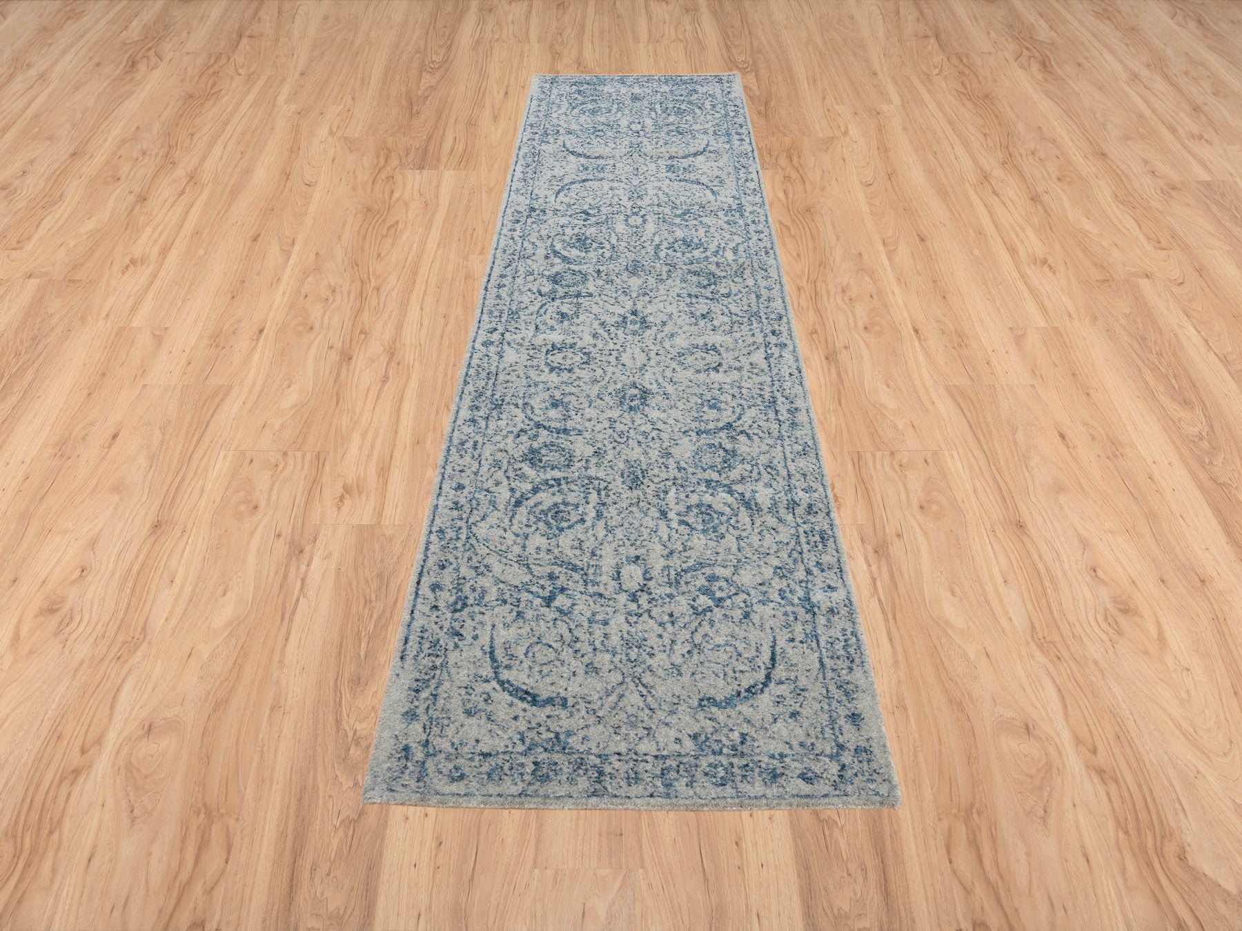 Transitional hand-knotted wool/silk runner in Blue, 2'6" x 10' — SKU O063511 (view 2)