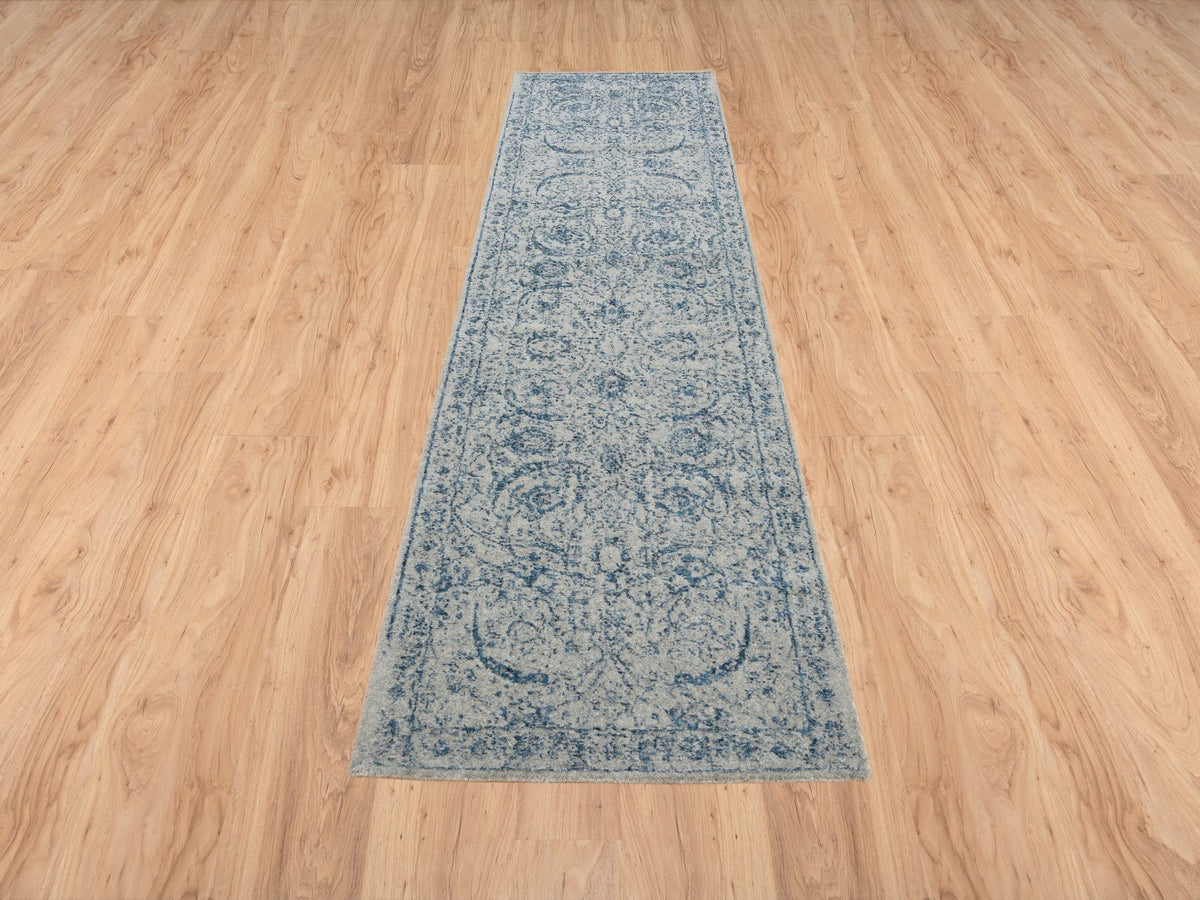Transitional hand-knotted wool/silk runner in Blue, 2'6" x 10' — SKU O063511 (view 2)