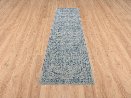 Transitional hand-knotted wool/silk runner in Blue, 2'6" x 10' — SKU O063511 (view 2)