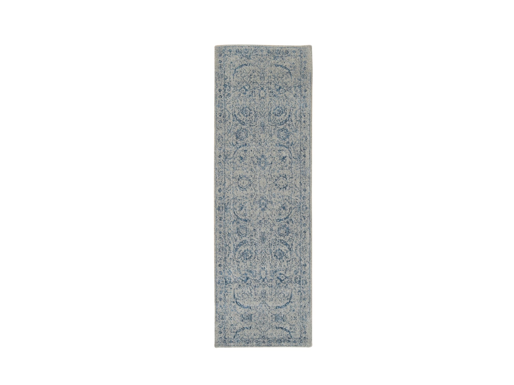 Transitional hand-knotted wool/silk runner in Blue, 2'7" x 8'1" — SKU O063513