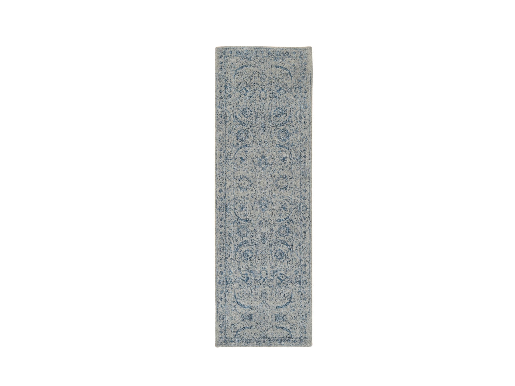 Transitional hand-knotted wool/silk runner in Blue, 2'6" x 8'1" — SKU O063514