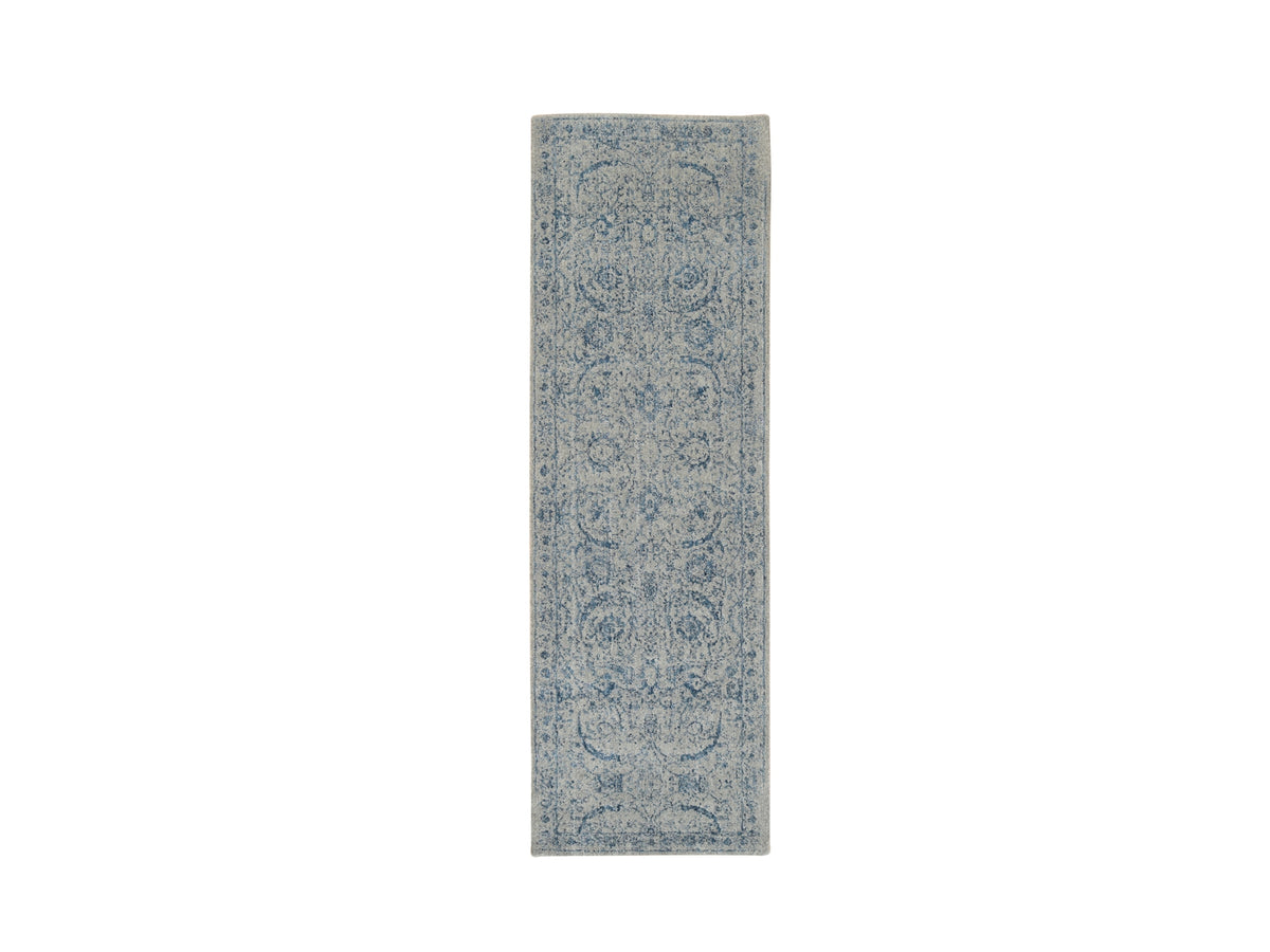 Transitional hand-knotted wool/silk runner in Blue, 2'6" x 8'1" — SKU O063514