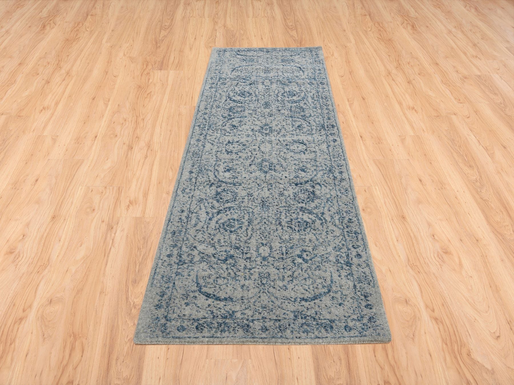 Transitional hand-knotted wool/silk runner in Blue, 2'6" x 8'1" — SKU O063514 (view 2)
