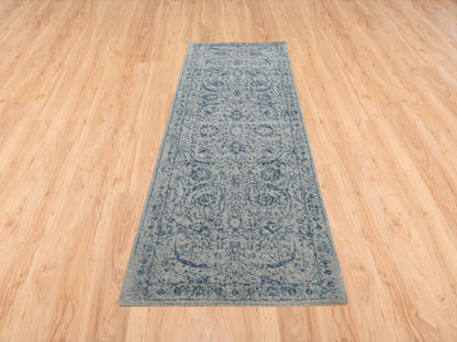 Transitional hand-knotted wool/silk runner in Blue, 2'6" x 8'1" — SKU O063514 (view 2)