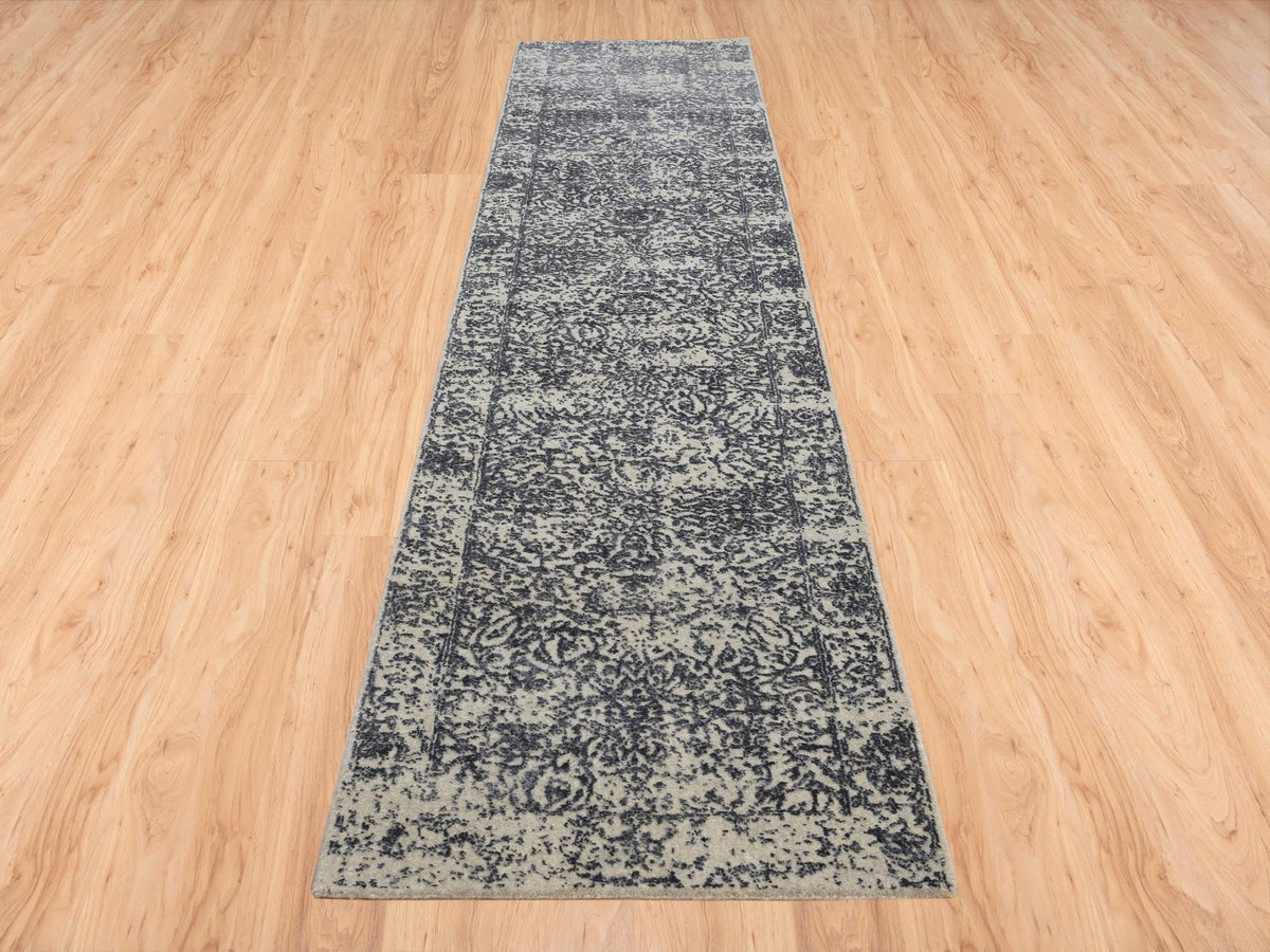 Modern / Contemporary hand-knotted wool/silk runner in Gray, 2'7" x 12'2" — SKU O063515 (view 2)