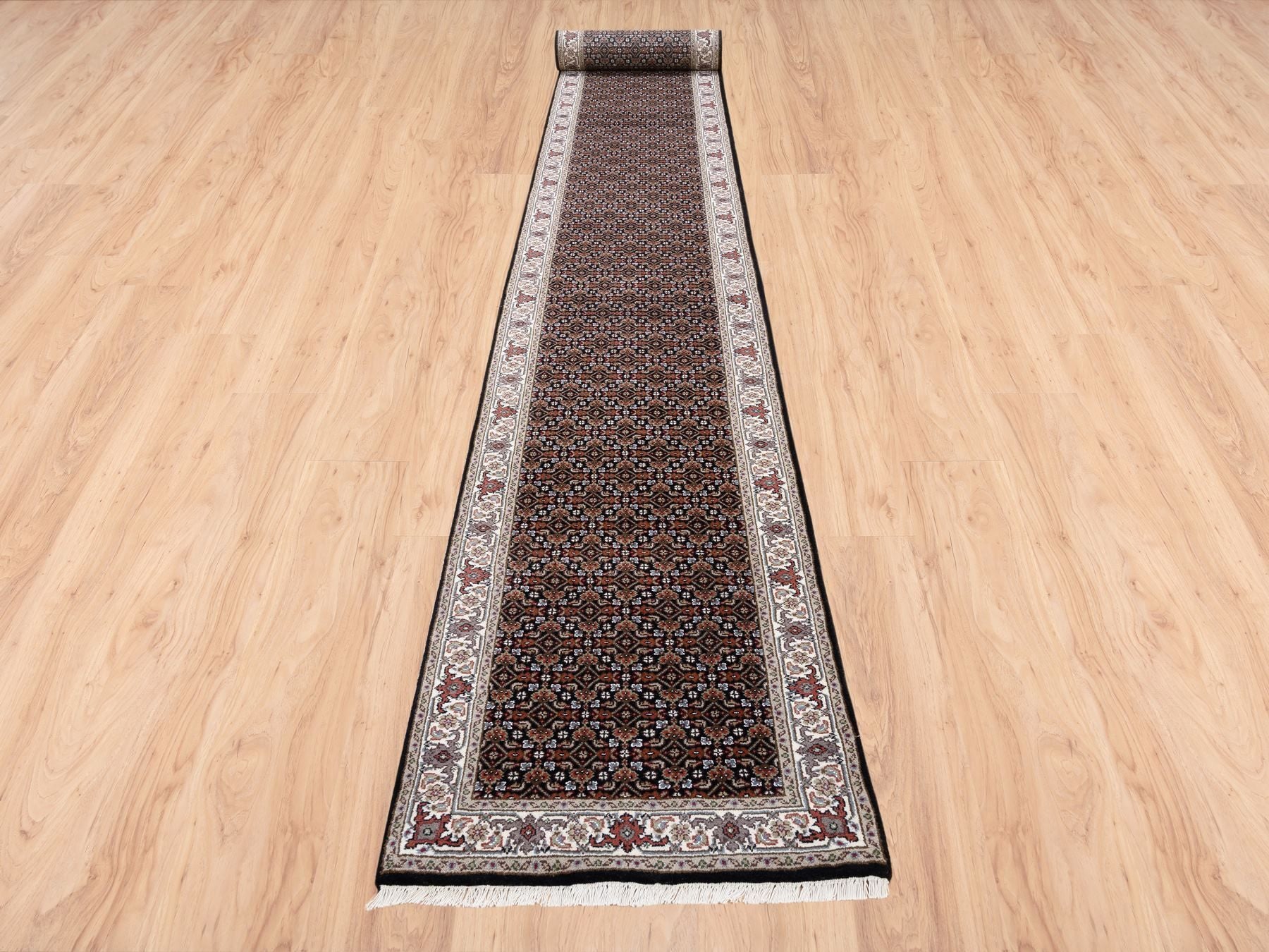 Herati Fine Oriental hand-knotted wool runner in Black & Ivory, 2'5" x 20' — SKU O063530 (view 2)