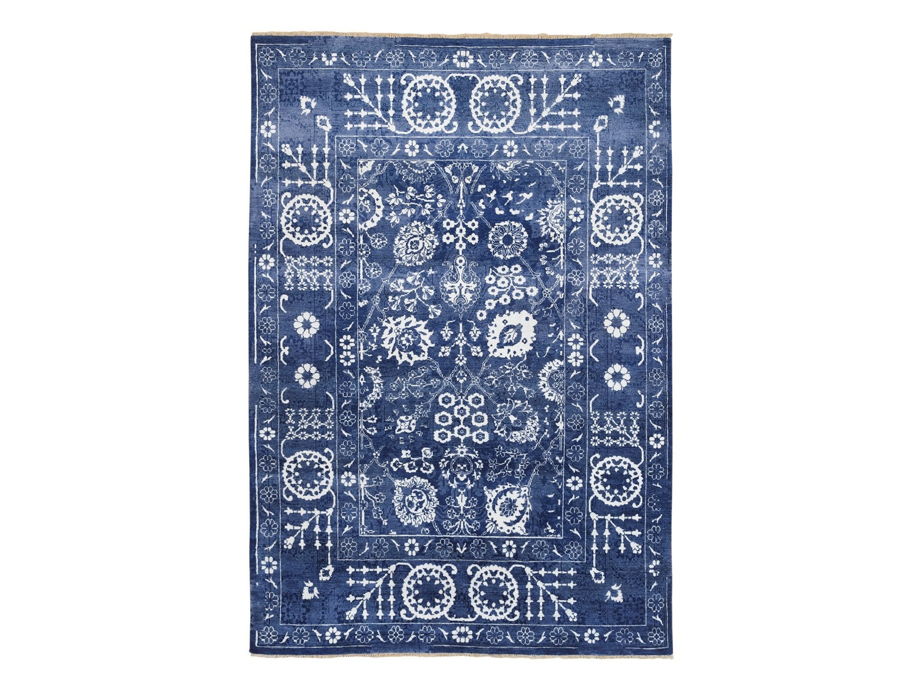 Tabriz Transitional hand-knotted wool/silk rug in Blue, 6' x 8'10" — SKU O063603