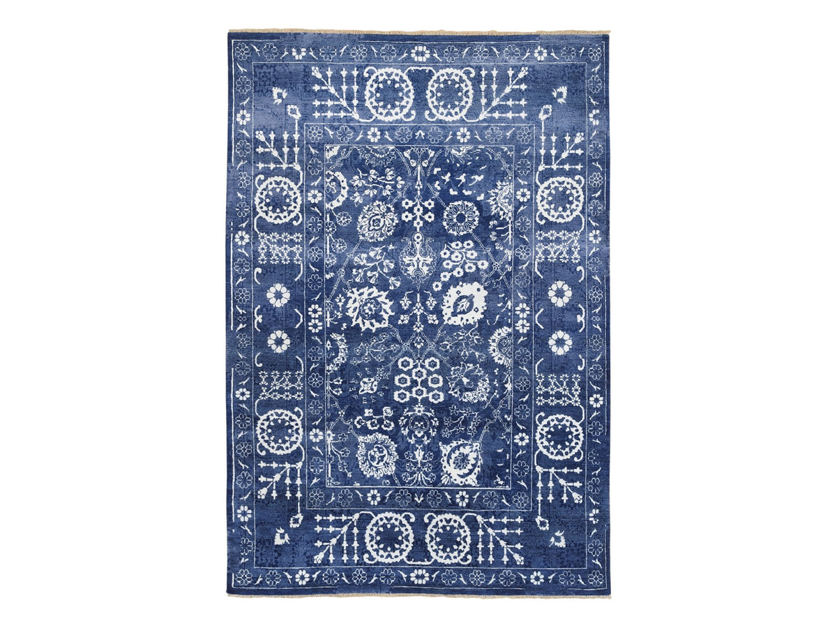 Tabriz Transitional hand-knotted wool/silk rug in Blue, 6' x 8'10" — SKU O063603
