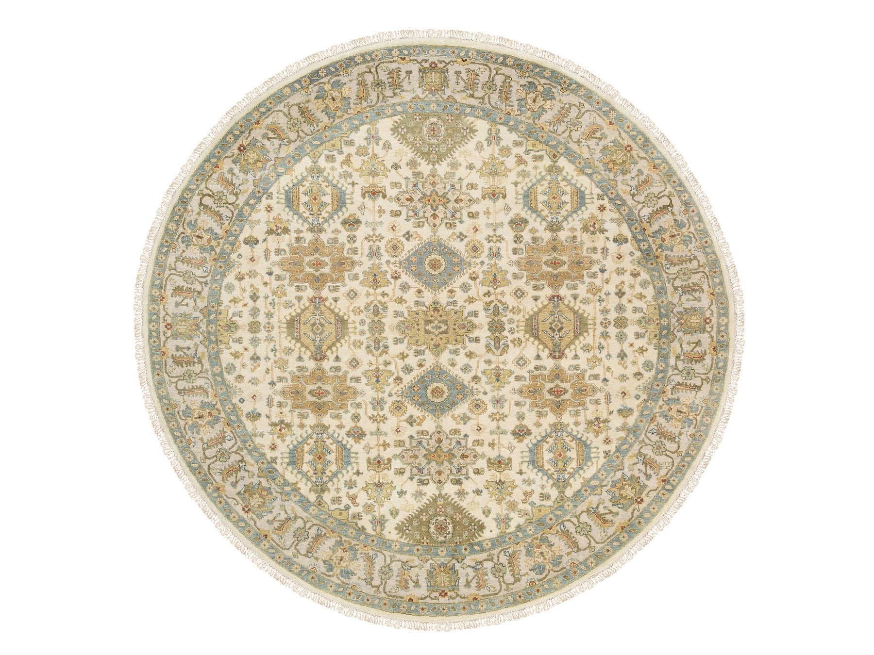 Heriz hand-knotted wool rug in Ivory & Light Gray, 8'10" x 8'10" — SKU O063631