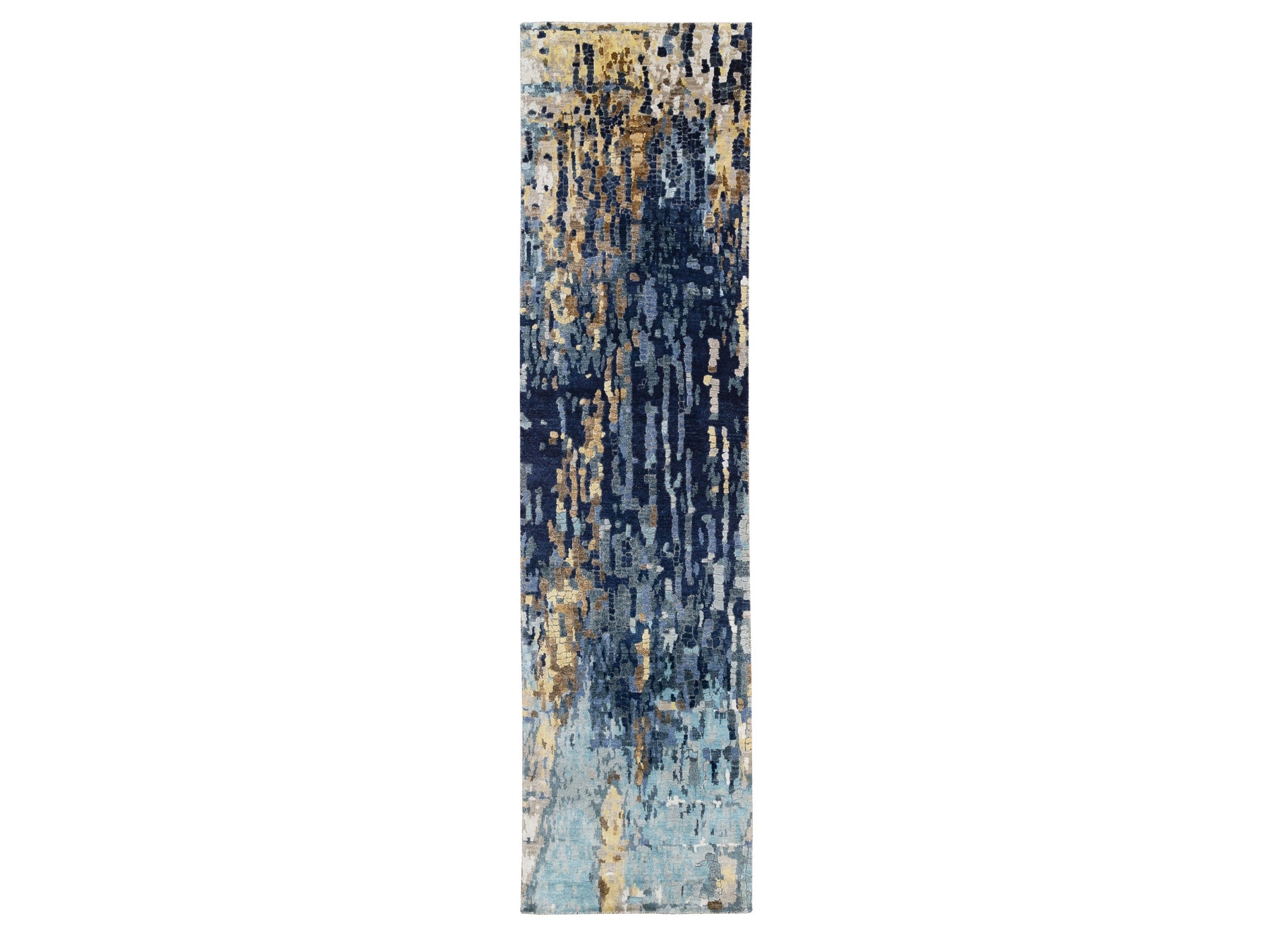 Blue 2'6" x 10'0" Modern / Contemporary Hand knotted Wool/Silk Rug - Sku: O063666