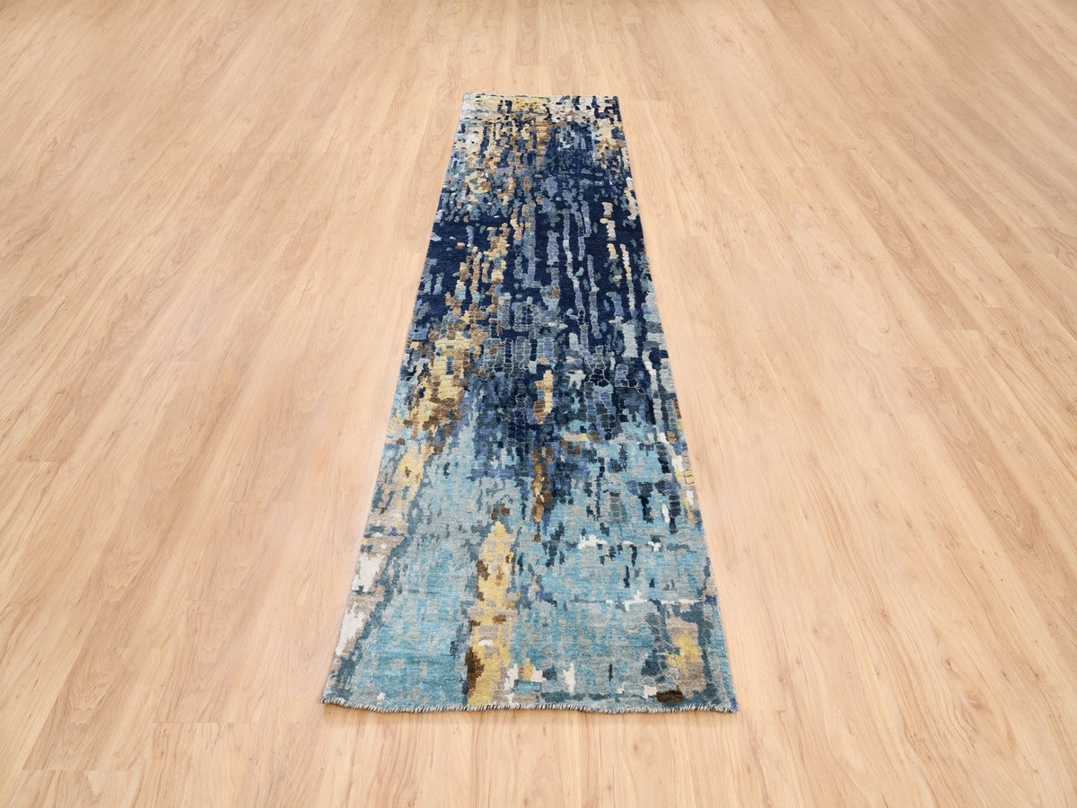 Modern / Contemporary hand-knotted wool/silk runner in Blue, 2'6" x 10' — SKU O063666 (view 2)