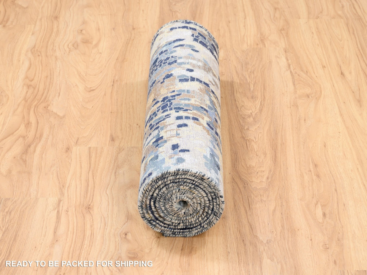 Modern / Contemporary hand-knotted wool/silk runner in Blue, 2'6" x 10' — SKU O063666 (view 6)