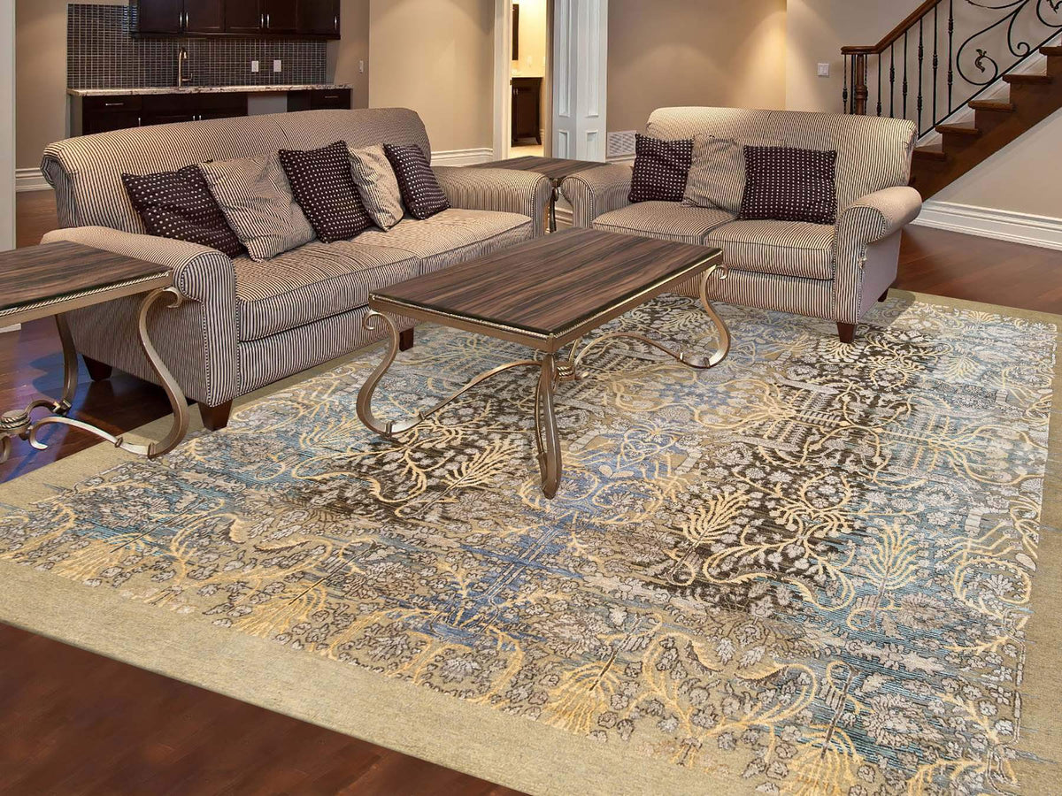 Sarouk Transitional hand-knotted wool/silk rug in Brown, 8' x 9'10" — SKU O063678 (view 2)