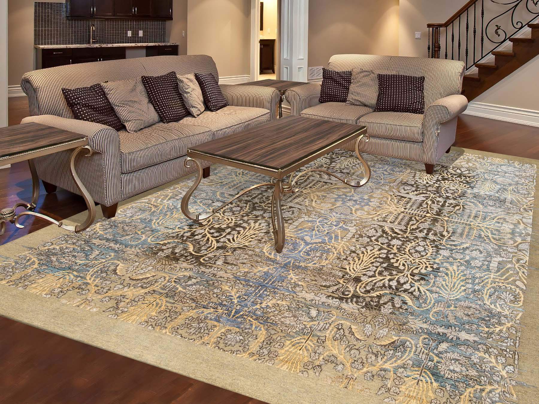 Sarouk Transitional hand-knotted wool/silk rug in Brown, 8' x 9'10" — SKU O063678 (view 2)