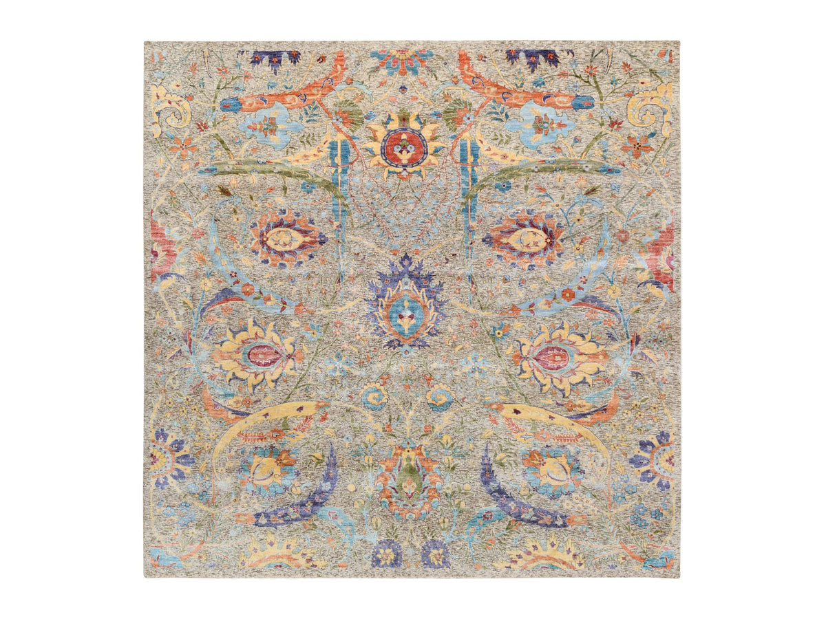 Transitional hand-knotted wool/silk rug in Ivory, 8' x 8' — SKU O063683